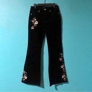 NWT Forever 21 M Black Floral Embroidered Corduroy Wide Leg Flared Pants